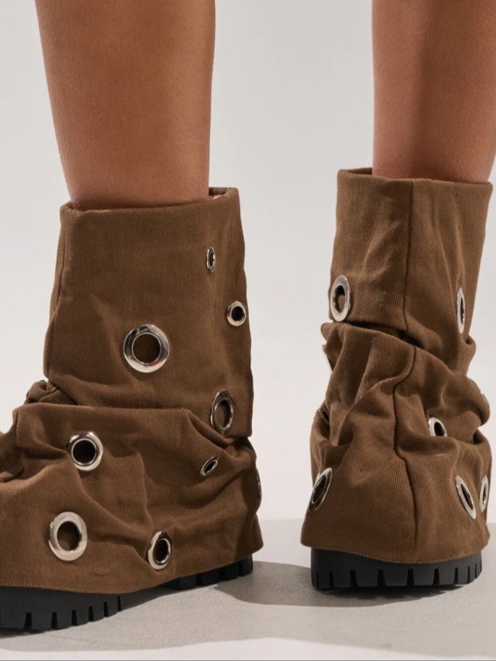 Suede-Look Brown Slouchy Grommet Ankle Boots